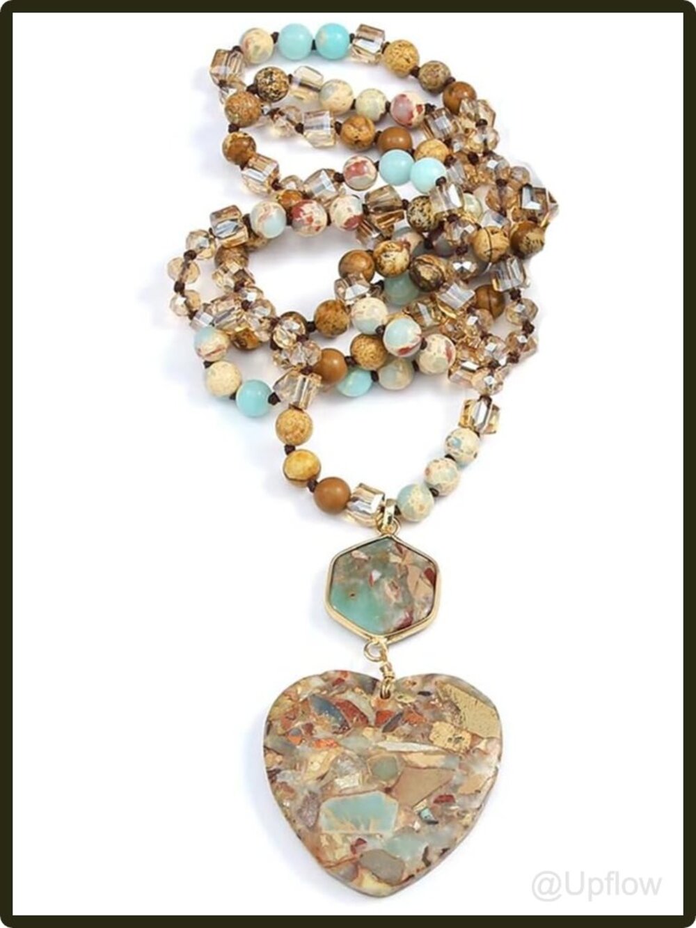 Women's Natural Stone Beaded Pendant Necklace Boho Long Handmade Heart Charm